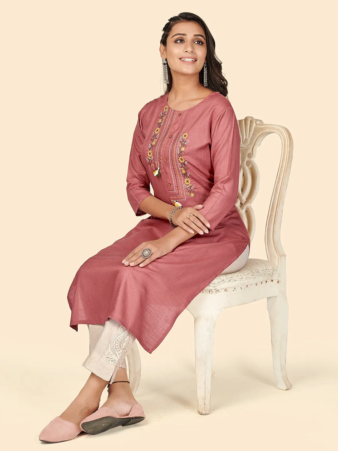 Women'S Embroidered Straight Rayon Rust Pink Stitched Kurta