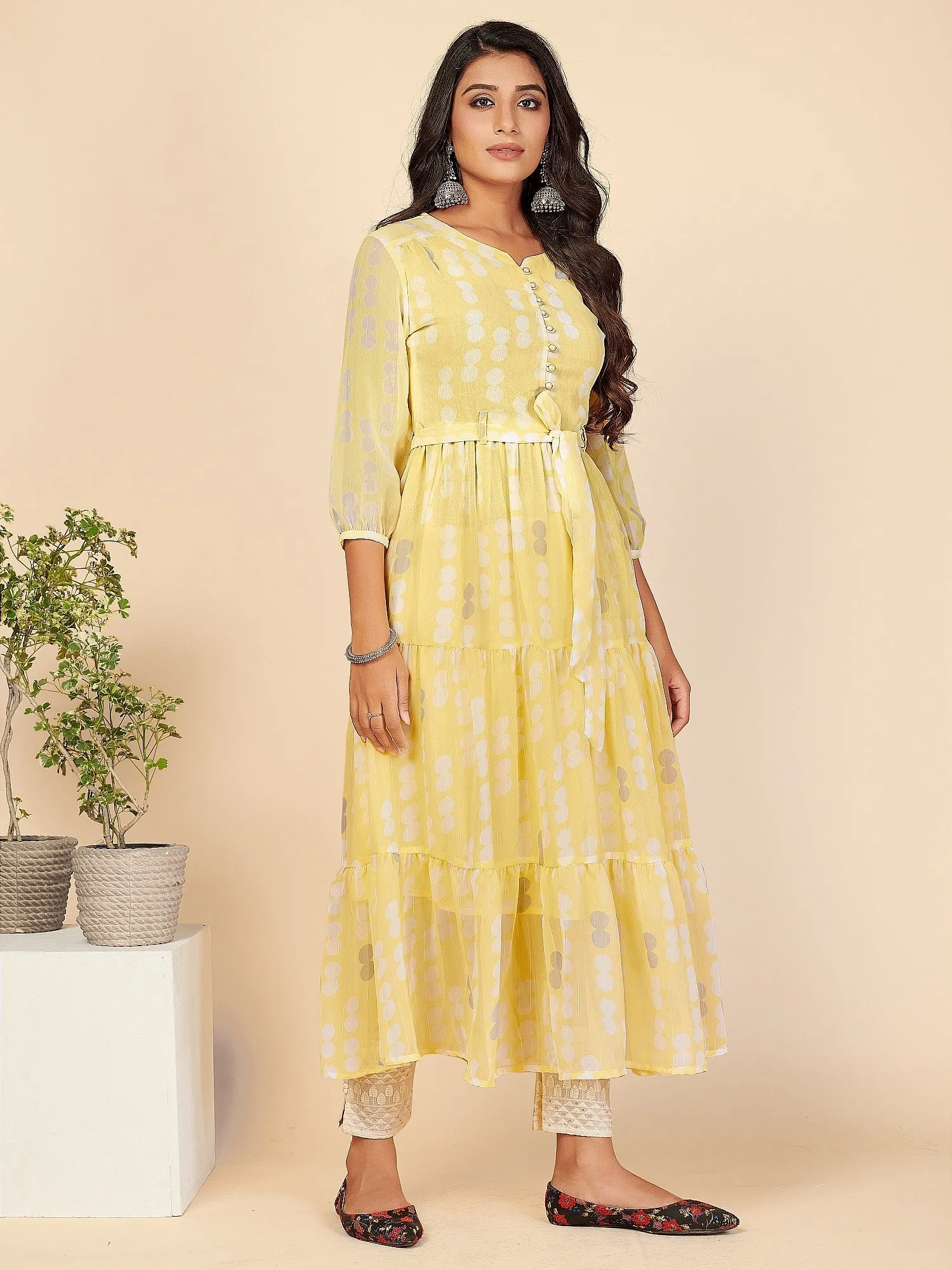 Women'S Printed Anarkali Lurex Georgette Yellow Stitched Kurta