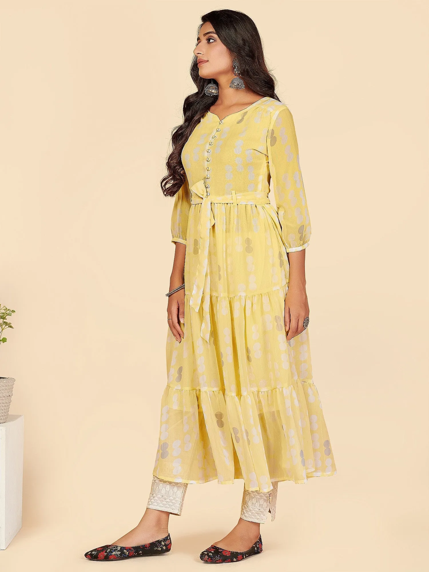 Women'S Printed Anarkali Lurex Georgette Yellow Stitched Kurta