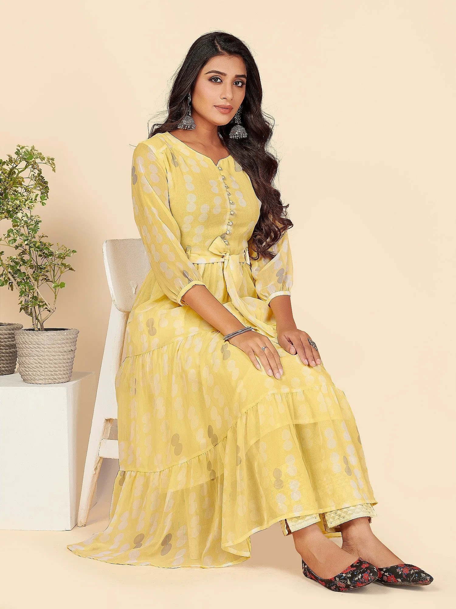 Women'S Printed Anarkali Lurex Georgette Yellow Stitched Kurta