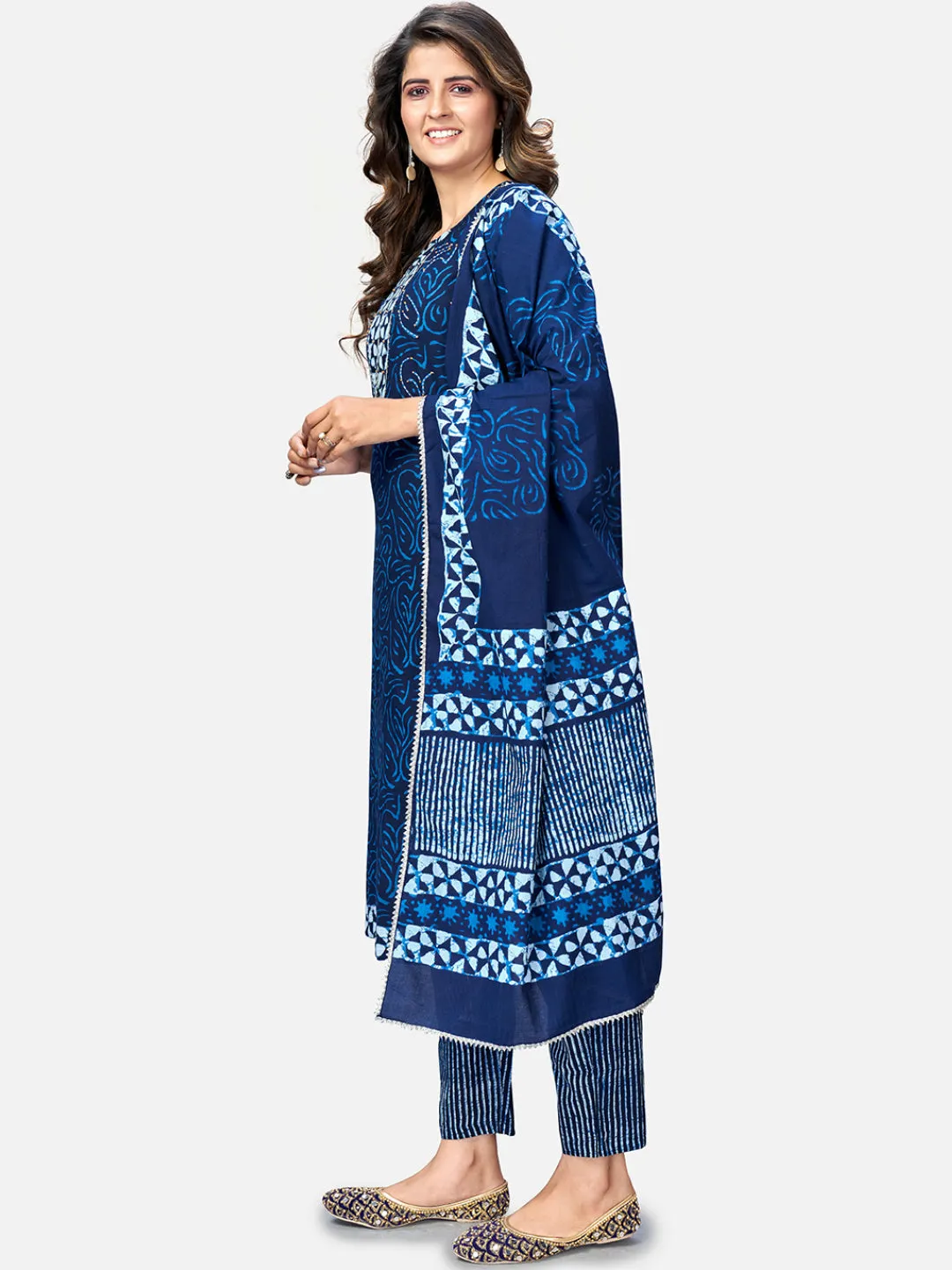 Women'S Shibori Print & Sequence Straight Cotton Blue Kurta Pant With Dupatta (3Pcs Set)