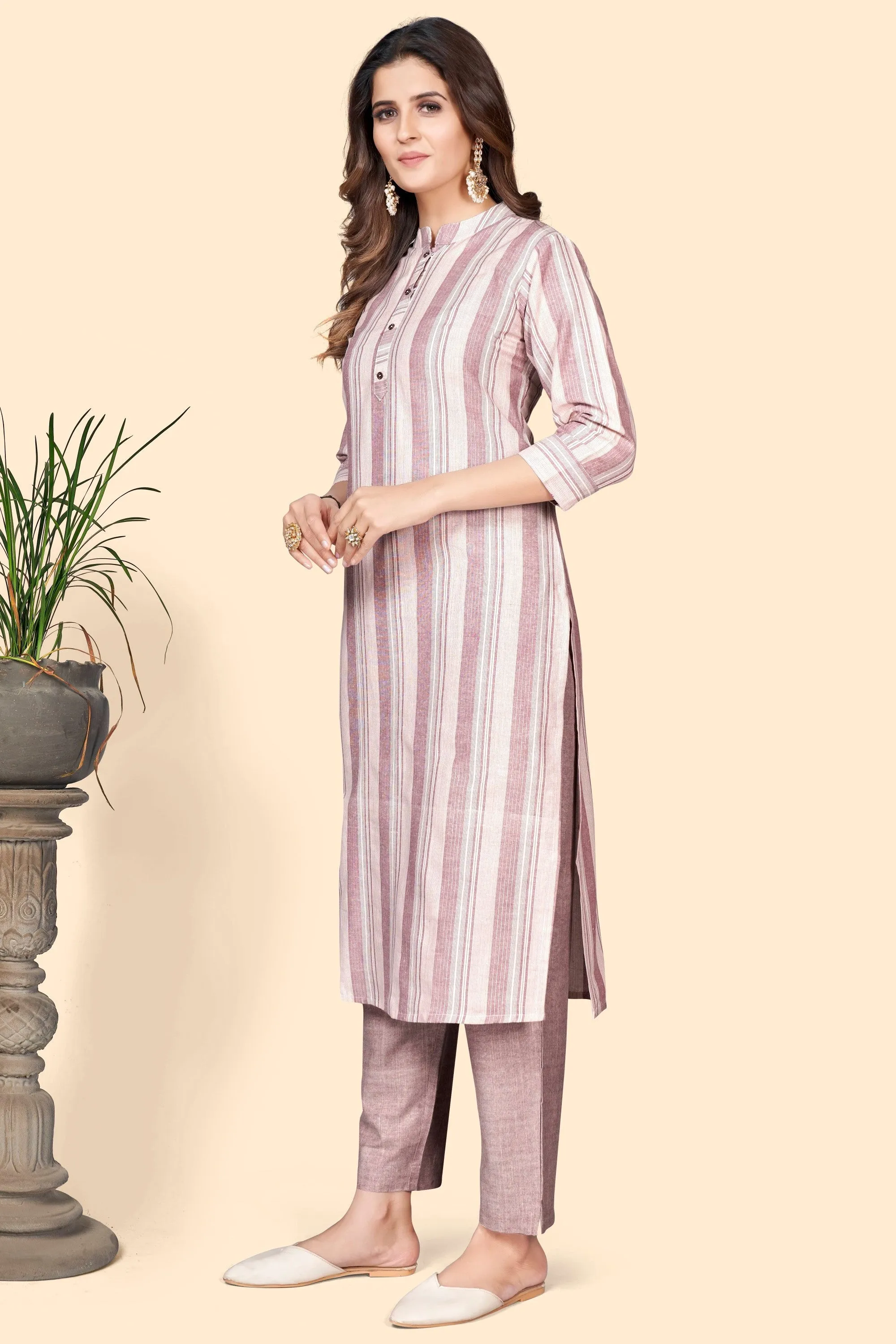 Women'S Striped Print Straight Cotton Blend Dusty Pink Stitched Kurta With Pant