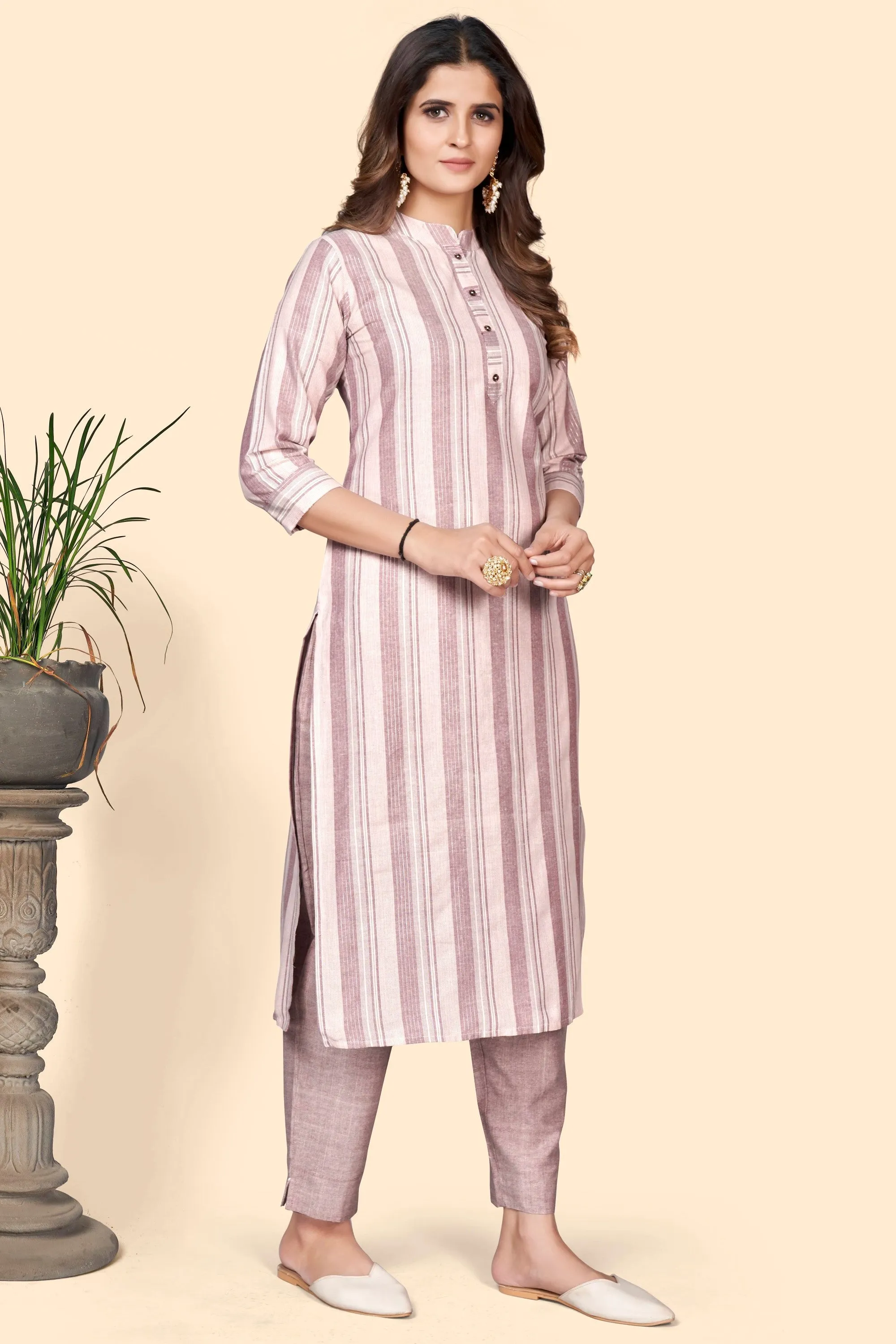 Women'S Striped Print Straight Cotton Blend Dusty Pink Stitched Kurta With Pant