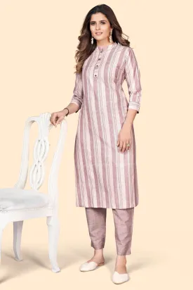 Women'S Striped Print Straight Cotton Blend Dusty Pink Stitched Kurta With Pant