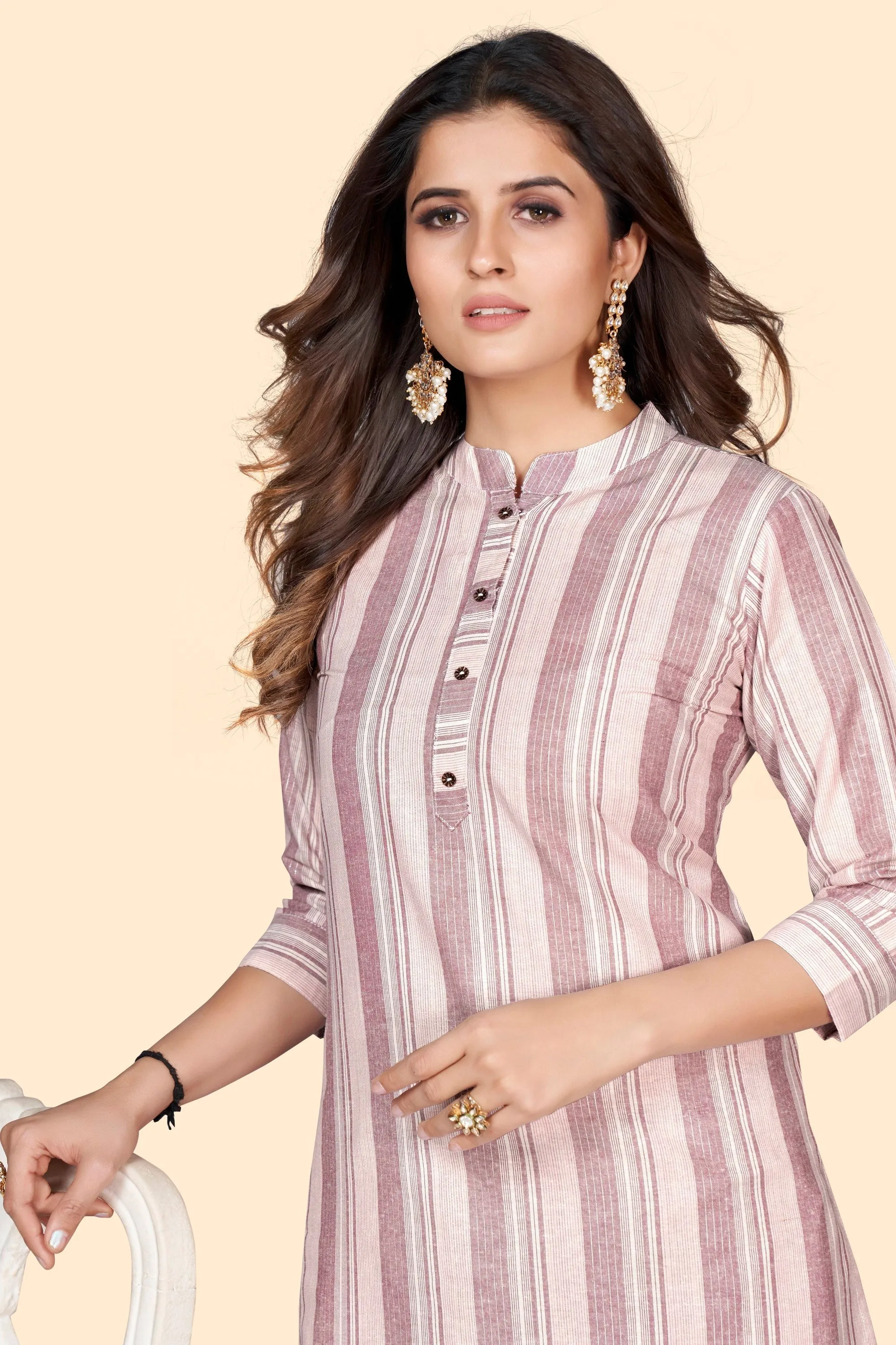 Women'S Striped Print Straight Cotton Blend Dusty Pink Stitched Kurta With Pant