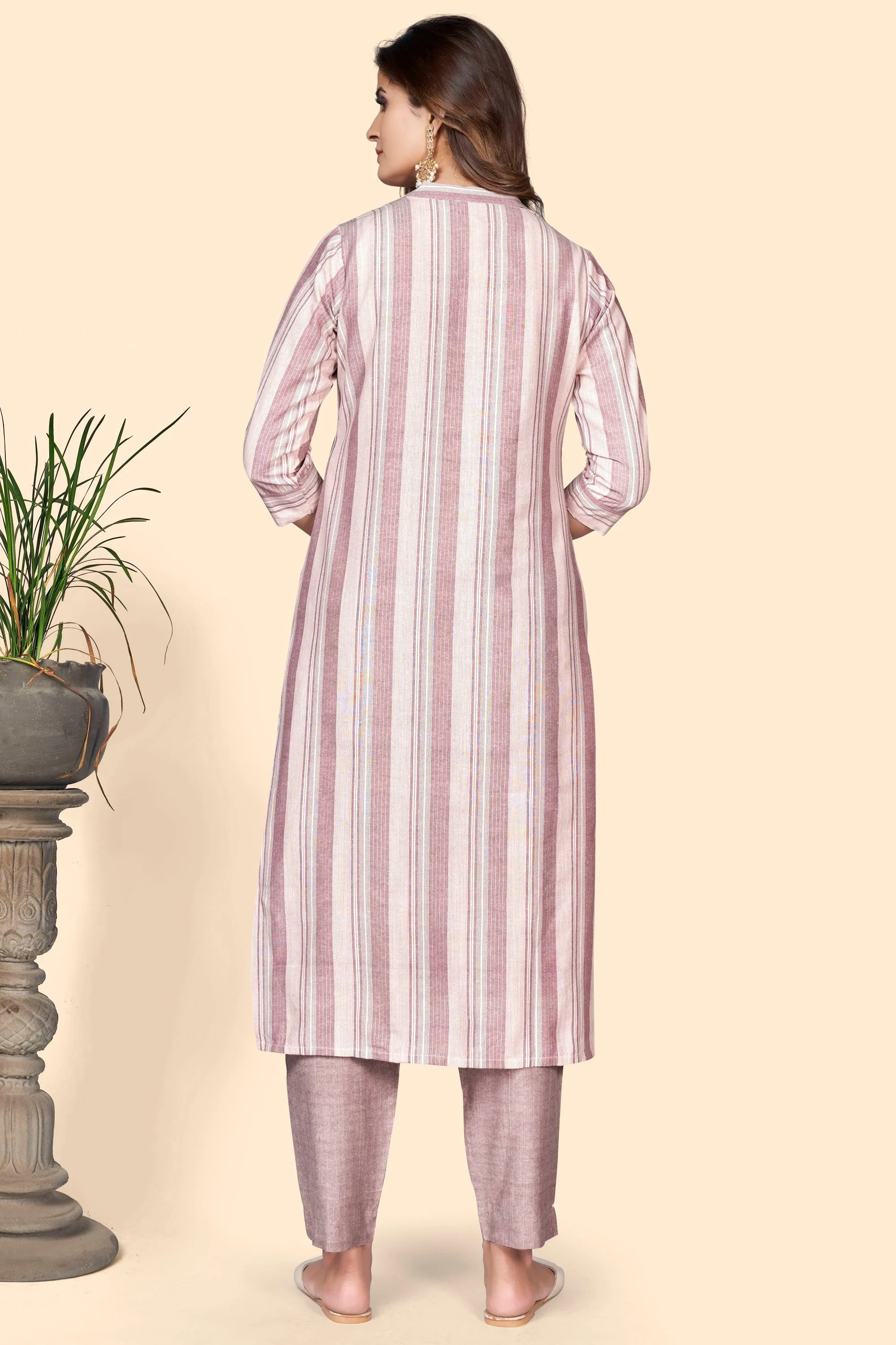 Women'S Striped Print Straight Cotton Blend Dusty Pink Stitched Kurta With Pant